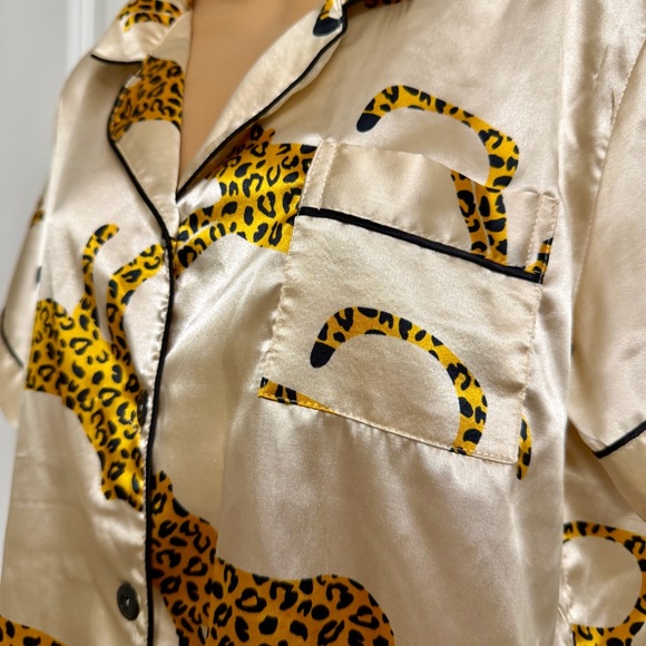 Two Piece Satin Leopard Pajamas Short Sleeve Button Down Top and Shorts Set - Picture 4 of 9